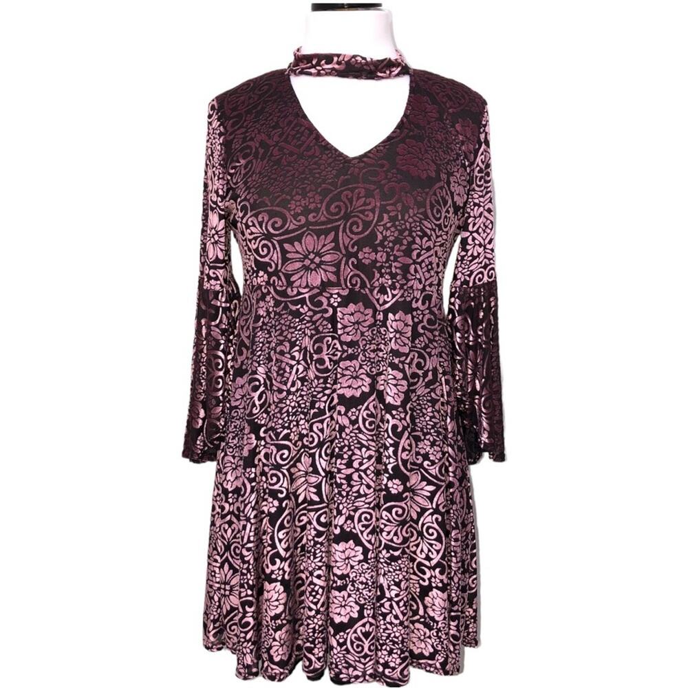 Uncle Frank Mauve Velvet Burnout Babydoll Choker Dress Size Medium EUC